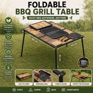 May include: Foldable BBQ grill table with a wooden tabletop and black metal frame. The table is 35 inches long, 25.5 inches wide, and 24.4 inches high. It includes a grill, skewers, and a spatula. The text on the image says "Enjoy BBQ anywhere, anytime!"