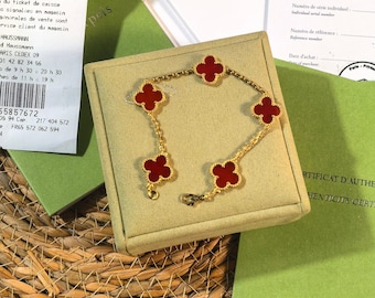 Authentic Van Cleef & Arpels Vintage Alhambra Bracelet 5 Motif Carnelian 18K YG 19cm Polished Box/Papers Valentine Gift