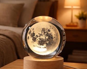3D Crystal Moon Lamp | Warm LED Night Light, Wooden Base