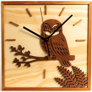 Reloj de pared con forma de búho morepork (Ruru) de Nueva Zelanda / Madera contrachapada en capas / Hecho a mano en Nueva Zelanda