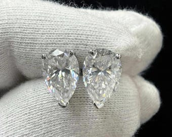 Pear Cut Moissanite Screw Back Earrings, 14 CTW Sterling Silver Solitaire Studs