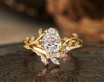 Sterling Silver 92.5 Pear Cut Moissanite Nature Inspired Engagement Ring Set
