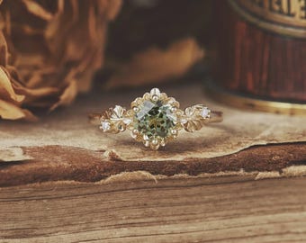 Beekeeper Garden Ring with Lab Green Sapphire Sterling Silver 92.5