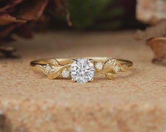 Sterling Silver 92.5 Round Cut Moissanite  Leaf Engagement Ring , wedding ring