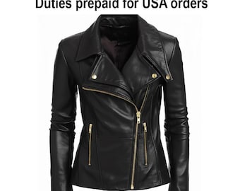 Handmade Women's Real Lambskin Leather Black Blaze Moto Jacket | Slim Fit Biker Jacket