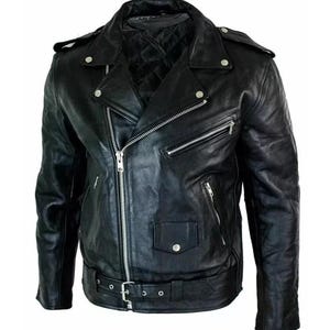 May include: Black leather motorcycle jacket with a notched collar, asymmetrical zipper closure, and multiple zippered pockets. The jacket features a quilted lining and a belt at the waist with a silver buckle. The jacket has silver snap details on the shoulders and lapels.