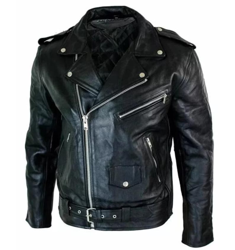 May include: Black leather motorcycle jacket with a notched collar, asymmetrical zipper closure, and multiple zippered pockets. The jacket features a quilted lining and a belt at the waist with a silver buckle. The jacket has silver snap details on the shoulders and lapels.