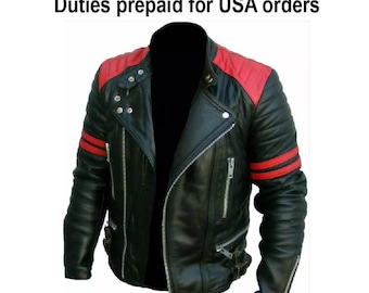 Handmade Men's Motorbike Leather Jacket | Genuine Biker Jacket with Red Stripes, Brando Style & Satin Lining | Men Motorcycle Jacket