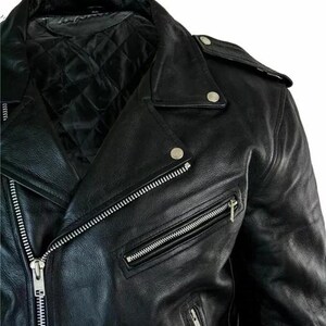 May include: Black leather motorcycle jacket with a notched collar, asymmetrical zipper closure, and multiple zippered pockets. The jacket features silver hardware, a quilted lining, and snap details on the shoulders.