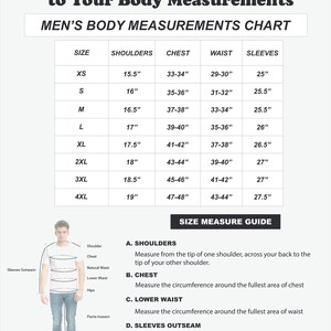 May include: A body measurements chart with text that reads "Please Select Your Size According to Your Body Measurements." The chart includes measurements for shoulders, chest, waist, and sleeves in inches.