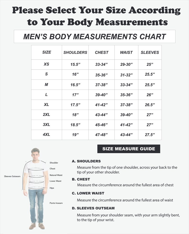 May include: A body measurements chart with text that reads "Please Select Your Size According to Your Body Measurements." The chart includes measurements for shoulders, chest, waist, and sleeves in inches.