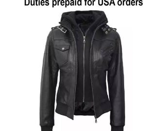 Handmade Women's Black Lambskin Leather Jacket with Removable Hood, Slim Fit Biker Jacket, Moto Leather Coat, Casual Zip Up Outerwear