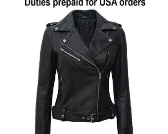 Handmade Women’s Sheepskin Leather Biker Jacket – Women Slim Fit Asymmetrical Zip