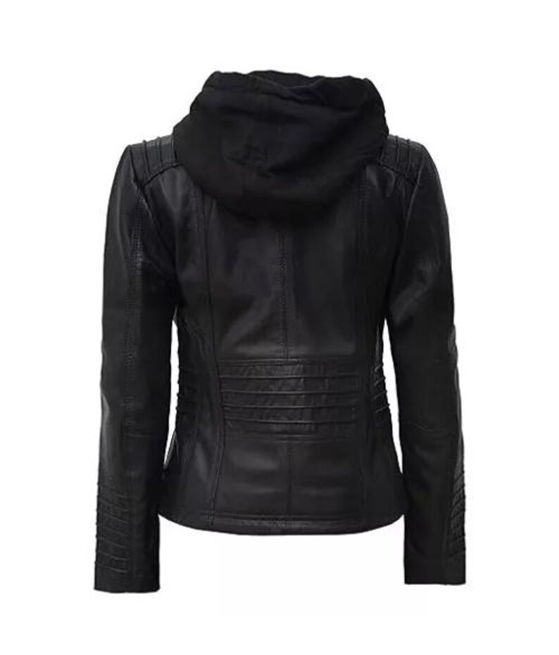 May include: A black leather jacket with a detachable hood. The jacket features quilted detailing on the shoulders and lower back. The sleeves have a ribbed design near the wrists. The jacket is shown from the back.