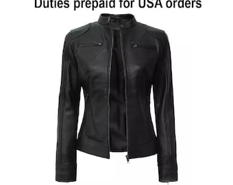 Handmade Women’s Black Sheepskin Leather Biker Jacket – Slim Fit Moto Motorcycle Coat