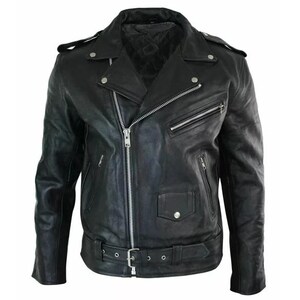 May include: Black leather jacket with an asymmetrical zipper closure, notched lapels, and multiple zippered pockets. The jacket features a belt at the waist with a buckle closure and silver-toned hardware. A classic biker-style jacket.