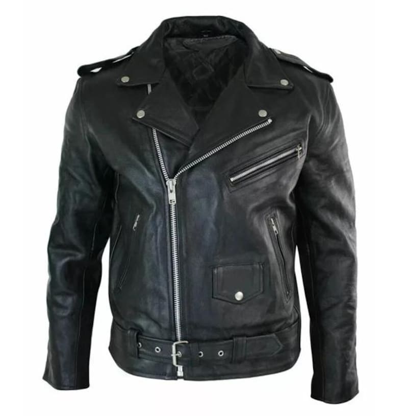 May include: Black leather jacket with an asymmetrical zipper closure, notched lapels, and multiple zippered pockets. The jacket features a belt at the waist with a buckle closure and silver-toned hardware. A classic biker-style jacket.