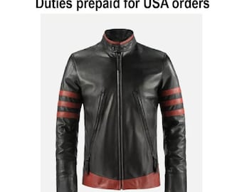 Handmade Men Black Cow Leather Jacket Red Stripe Cafe Racer Motorcycle Biker Jacket Vintage Genuine Leather Coat