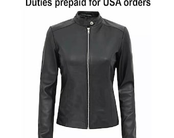 Handmade Women's Black Lambskin Leather Jacket, Slim Fit Moto Biker Jacket, Minimalist Zip Up Motorcycle Coat, Classic Casual Outerwear
