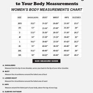 May include: A body measurements chart for women, with size, shoulder, bust, waist, hips, and sleeve measurements in inches. Includes a size measure guide with instructions for shoulders, bust, waist, hips, and sleeves.