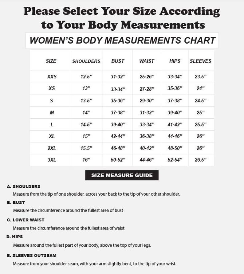 May include: A body measurements chart for women, with size, shoulder, bust, waist, hips, and sleeve measurements in inches. Includes a size measure guide with instructions for shoulders, bust, waist, hips, and sleeves.