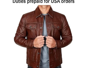 Handmade Men’s Brown Leather Trucker Jacket – Real Lambskin Distressed Jacket, Vintage Style Biker Coat