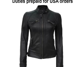 Handmade Women Sheepskin Leather Jacket Black – Genuine Leather Motorcycle Jacket | Women Biker Leather Jacket, Fashion Coat