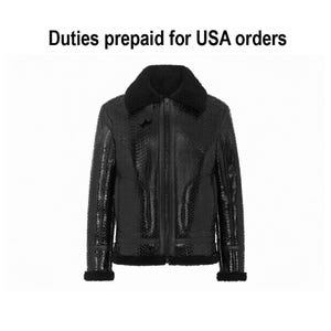 May include: Black leather jacket with a shearling collar and cuffs. The jacket has a textured pattern and a zipper closure. The text "Duties prepaid for USA orders" is at the top.