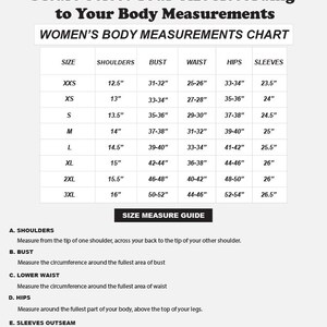 May include: A body measurements chart for women, with size, shoulder, bust, waist, hips, and sleeve measurements in inches. Includes a size measure guide with instructions for shoulders, bust, waist, hips, and sleeves.