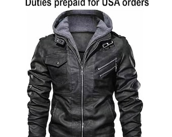 Handmade Black Men's Leather Jacket with Removable Hood | Genuine Sheepskin Biker Style Motorbike Jacket