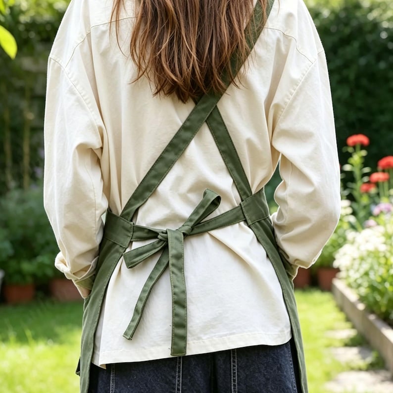 May include: An olive green apron with crisscross straps and a waist tie. The apron is made of a durable fabric and is designed to protect clothing. The background shows a garden setting with green foliage and flowers.