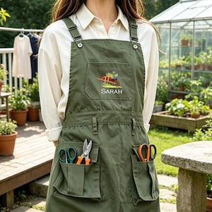 May include: Olive green gardening apron with multiple pockets and adjustable straps. The apron features an embroidered design of a wheelbarrow with flowers and the name "SARAH". Several gardening shears and scissors are visible in the pockets.
