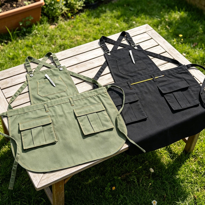 May include: Two aprons, one olive green and one black, rest on a wooden table outdoors. Each apron has multiple pockets and a pen tucked into the chest pocket. The aprons have adjustable straps and waist ties, suitable for cooking or crafting.