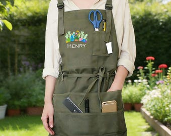 Aangepaste naam tuinschort, tuinschort met zakken, schort voor buitengereedschap, perfect tuinmancadeau, tuinschort cadeau voor vrouwen