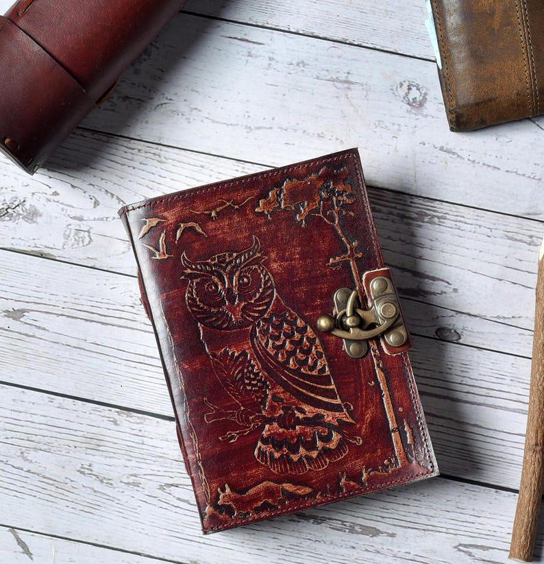 Handmade Paper Travel Diary, Owl Embossed Leather Journal, Sketchbook