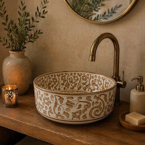 May include: A decorative, round ceramic sink with a floral pattern in shades of cream and brown. The sink is set on a wooden vanity with a brass faucet, soap dispenser, and a small candle holder. The bathroom decor includes a mirror and a vase with greenery.