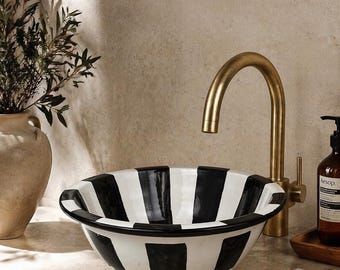 Lavabo redondo de cerámica marroquí con intrincado diseño verde