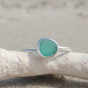 Teal Sea Glass Ring, Thin Sterling Silver Minimalist Beach Ring, Sea Glass Jewelry, Mermaid Ocean Ring, Beach Jewelry, Beach Birthday Gift