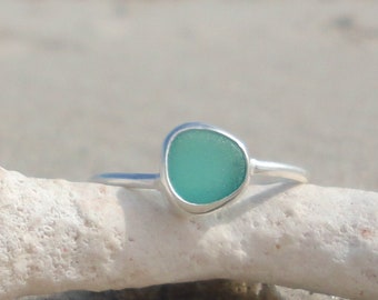 Teal Sea Glass Ring, Thin Sterling Silver Minimalist Beach Ring, Sea Glass Jewelry, Mermaid Ocean Ring, Beach Jewelry, Beach Birthday Gift