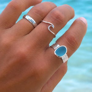 Light Blue Hammered Sea Glass Ring-Sterling Silver Thick Band Ring--Sea Glass Jewelry made for Mermaids-Ocean Ring--Beach Jewelry