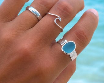 Light Blue Hammered Sea Glass Ring-Sterling Silver Thick Band Ring--Sea Glass Jewelry made for Mermaids-Ocean Ring--Beach Jewelry