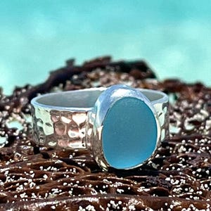 Light Blue Hammered Sea Glass Ring-Sterling Silver Thick Band Ring--Sea Glass Jewelry made for Mermaids-Ocean Ring--Beach Jewelry