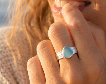 Light Blue Hammered Sea Glass Ring-Sterling Silver Thick Band Ring--Sea Glass Jewelry made for Mermaids-Ocean Ring--Beach Jewelry