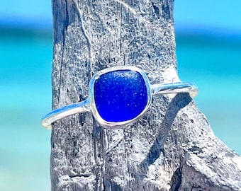 Sapphire Blue Sea Glass Ring, Thin Sterling Silver Minimalist Beach Ring, Sea Glass Jewelry, Mermaid Ocean Ring, Beach Jewelry, Beach Gift