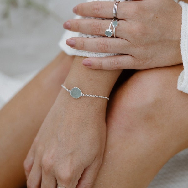 Bracelet en verre de mer, Bracelet de plage en argent sterling réglable en verre, Bijoux en verre de mer pour femme, Cadeaux en verre de mer, Bracelet en verre de mer bleu