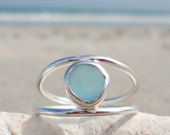 Aquamarine Blue Sea Glass Ring, Unique Beach Glass Ring, Double Wire Sterling Silver Ring, Sea Glass Jewelry, Seaglass Ring, Sea Glass Gifts