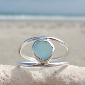 Aquamarine Blue Sea Glass Ring, Unique Beach Glass Ring, Double Wire Sterling Silver Ring, Sea Glass Jewelry, Seaglass Ring, Sea Glass Gifts