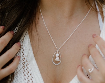 Puka Shell Teardrop Necklace Sterling Silver Teardrop Hammered Pendant Ocean Necklace for Mermaids Shell Jewelry Beach Necklace