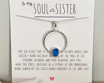 Soul Sister Sea Glass Necklace, Beach Glass Necklace, Circle Necklace, Unbiological Sister Gift, Soul Sister Gift, Valentine Necklace