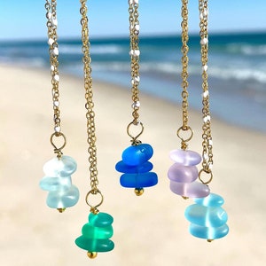 Dainty Custom Sea Glass Pebble Necklace 18k Gold Plated Stainless Steel Chain Mermaid Necklace Custom Necklace Charms Beach Charm Necklace